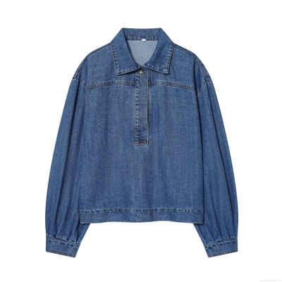 Women's Loose Denim Shirt Blouse Long Lantern Sleeve Lapel Semi Placket Top With Leopard Head Button Casual Distressed Western Style Streetwear