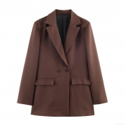 Women's Elegant Solid Brown Blazer Notched Lapel Double Breasted Loose Fit Suit Jacket With Flap Pockets Black Lining For Office Business Casual Work