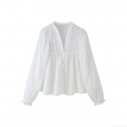 Women's V-Neck Long Sleeve Blouse White Embroidered Loose Fit Shirt With Ruffle Cuffs French Style Casual Breathable Lightweight Polyester Top For Daily Wear Vacation Ladies Fashion Clothing