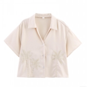 Women Short Sleeve Embroidered Blouse Coconut Tree Pattern Lapel V-Neck Vacation Style Cotton Linen Texture Summer Cropped Top For Beach Resort