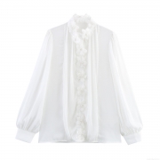 Women Elegant 3D Flower Pleated Blouse Polyester Chiffon Long Puff Sleeve Shirt With Lace Collar Pearl Detail Solid White Intellectual Commuting Party Ladies Top
