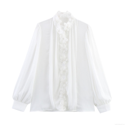 Women Elegant 3D Flower Pleated Blouse Polyester Chiffon Long Puff Sleeve Shirt With Lace Collar Pearl Detail Solid White Intellectual Commuting Party Ladies Top