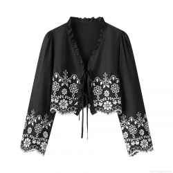 Vintage Women's Long Sleeve Black Blouse Polyester White Floral Embroidery Ruffle Collar Tie-up Scalloped Edge Loose Cropped Fashion Top