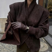 Women's Suede Blazer Jacket Padded Shoulders Slim Waist Long Sleeve Lapel Collar Solid Color Office Commuter Autumn Winter Outerwear