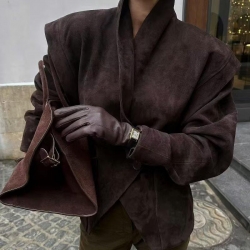 Women's Suede Blazer Jacket Padded Shoulders Slim Waist Long Sleeve Lapel Collar Solid Color Office Commuter Autumn Winter Outerwear