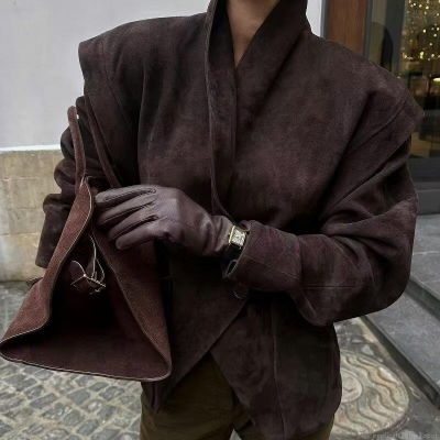 Women's Suede Blazer Jacket Padded Shoulders Slim Waist Long Sleeve Lapel Collar Solid Color Office Commuter Autumn Winter Outerwear