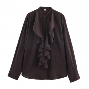 Women's Western Style Solid Color Ruffle Layered Long Sleeve Blouse Dark Brown Chiffon Shirt Casual Daily Office Elegant Top