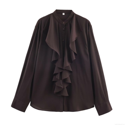 Women's Western Style Solid Color Ruffle Layered Long Sleeve Blouse Dark Brown Chiffon Shirt Casual Daily Office Elegant Top