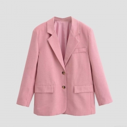 Women's Casual Pink Polyester Blazer Notch Lapel Long Sleeve Two Button Suit Jacket With Pockets For Spring Autumn Streetwear