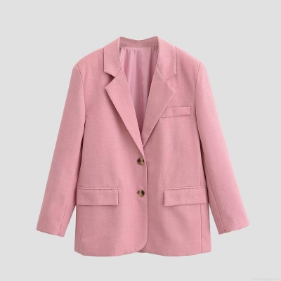 Women's Casual Pink Polyester Blazer Notch Lapel Long Sleeve Two Button Suit Jacket With Pockets For Spring Autumn Streetwear