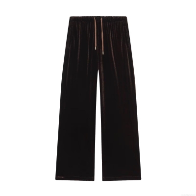 Women Velvet Wide Leg Pants Elastic High Waist Drawstring Solid Color Loose Straight Trousers For Autumn Winter Streetwear Casual Fashion