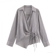 Women's Striped Long Sleeve Blouse Lace-up Drawstring V-Neck Shirt Casual Asymmetric Hem Polyester Top for Daily Commute Western Street Style