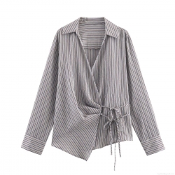 Women's Striped Long Sleeve Blouse Lace-up Drawstring V-Neck Shirt Casual Asymmetric Hem Polyester Top for Daily Commute Western Street Style