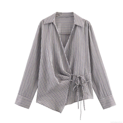 Women's Striped Long Sleeve Blouse Lace-up Drawstring V-Neck Shirt Casual Asymmetric Hem Polyester Top for Daily Commute Western Street Style