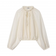 Women's Ruffled Stand Collar Puff Sleeve Blouse Crinkled Texture Translucent Lace-up Shirt Elegant Solid Color Long Sleeve Top For Daily Party Ladies