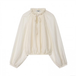 Women's Ruffled Stand Collar Puff Sleeve Blouse Crinkled Texture Translucent Lace-up Shirt Elegant Solid Color Long Sleeve Top For Daily Party Ladies