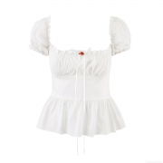 Women's White Puff Sleeve Blouse Polyester French Vintage Square Neck Slim Fit Peplum Top With Red Rose Bow Detail Back Lace Up Summer Cottagecore Shirt