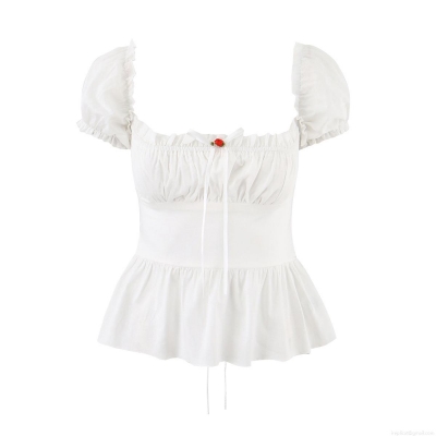 Women's White Puff Sleeve Blouse Polyester French Vintage Square Neck Slim Fit Peplum Top With Red Rose Bow Detail Back Lace Up Summer Cottagecore Shirt