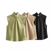 Women's Elegant Sleeveless Satin Blouse High Neck Pleated Halter Top Silky Texture Office Party Summer Streetwear Blouse For Women