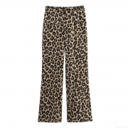 Women's High Waist Leopard Print Straight Leg Pants Casual 100% Polyester Thin Woven Long Trousers Streetwear Fashion For Summer Lady