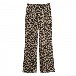 Women's High Waist Leopard Print Straight Leg Pants Casual 100% Polyester Thin Woven Long Trousers Streetwear Fashion For Summer Lady