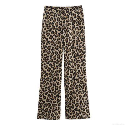 Women's High Waist Leopard Print Straight Leg Pants Casual 100% Polyester Thin Woven Long Trousers Streetwear Fashion For Summer Lady