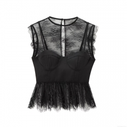 Women's Black Lace Patchwork Tank Top Sleeveless Round Neck Ruffle Hem Corset Style Streetwear Blouse Shirt For Party Daily Summer Autumn Casual