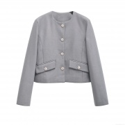 Women's Solid Round Neck Single Breasted Long Sleeve Short Blazer Jacket Chic Streetwear Cardigan Outerwear Winter Fashion Elegant Women Tops