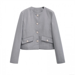 Women's Solid Round Neck Single Breasted Long Sleeve Short Blazer Jacket Chic Streetwear Cardigan Outerwear Winter Fashion Elegant Women Tops