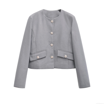 Women's Solid Round Neck Single Breasted Long Sleeve Short Blazer Jacket Chic Streetwear Cardigan Outerwear Winter Fashion Elegant Women Tops