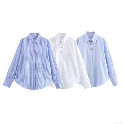 Women's Casual Striped Long Sleeve Button Front Shirt Polyester Polo Collar Blouse For Daily Commuting Office Streetwear Top