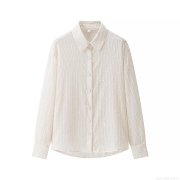 Women's Long Sleeve Blouse 100% Polyester Sequin Textured Vertical Stripe 3D Dot Shirt Elegant Turn-down Collar Loose Fit Single Breasted Top