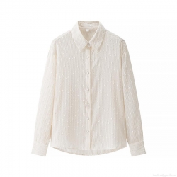 Women's Long Sleeve Blouse 100% Polyester Sequin Textured Vertical Stripe 3D Dot Shirt Elegant Turn-down Collar Loose Fit Single Breasted Top