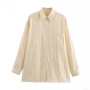 Women's Striped Long Sleeve Shirt 90% Cotton Blend Vertical Stripes Single Breasted Lapel Collar With Pocket Loose Fit Casual Daily Office Streetwear Chic Modern European Style Ladies Tops