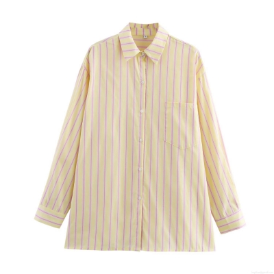 Women's Striped Long Sleeve Shirt 90% Cotton Blend Vertical Stripes Single Breasted Lapel Collar With Pocket Loose Fit Casual Daily Office Streetwear Chic Modern European Style Ladies Tops