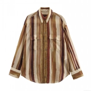 Women's Vintage Striped Long Sleeve Shirt Casual Lapel Button Up Loose Fit Blouse With Double Chest Pockets Fashion Streetwear Tops