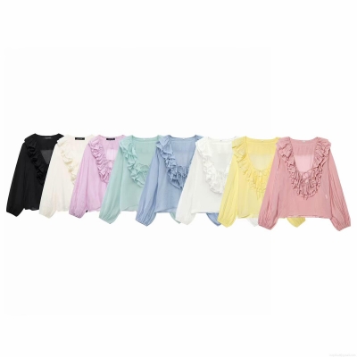 Women's Elegant V-Neck Ruffle Chiffon Blouse Long Sleeve Tie Neck Loose Fit Solid Color Shirt for Spring Summer Streetwear Fashion Lady Top