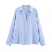 Women's Linen Blend Striped Shirt Long Sleeve Lapel Loose Fit Button Down Blouse Top Casual Streetwear 2025 Summer Fashion Female Clothing