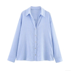 Women's Linen Blend Striped Shirt Long Sleeve Lapel Loose Fit Button Down Blouse Top Casual Streetwear 2025 Summer Fashion Female Clothing