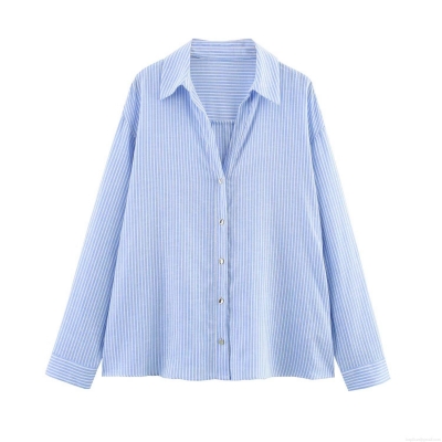 Women's Linen Blend Striped Shirt Long Sleeve Lapel Loose Fit Button Down Blouse Top Casual Streetwear 2025 Summer Fashion Female Clothing
