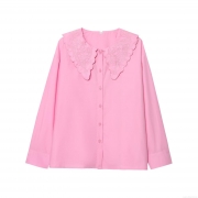 Peter Pan Collar Embroidery Long Sleeve Shirt For Women Polyester Button Down Scalloped Edge Blouse Daily Casual Retro Chic Tops