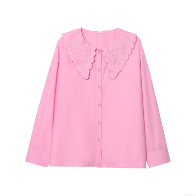 Peter Pan Collar Embroidery Long Sleeve Shirt For Women Polyester Button Down Scalloped Edge Blouse Daily Casual Retro Chic Tops