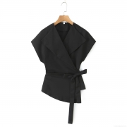 Women's Sleeveless V Neck Blouse Polyester Woven Large Lapel Wrap Tie Waist Summer Fashion Solid Color Slim Fit Streetwear Office Casual Top
