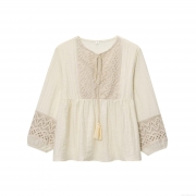 Bohemian Women's Blouse Round Neck Long Sleeve Crochet Lace Hollow Out Top Cotton Linen Blend Tassel Tie Shirt Casual Boho Style Summer Apparel