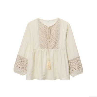 Bohemian Women's Blouse Round Neck Long Sleeve Crochet Lace Hollow Out Top Cotton Linen Blend Tassel Tie Shirt Casual Boho Style Summer Apparel