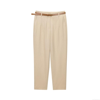 Women's Fashion Casual Straight Leg Trousers With Brown Belt High Waist Solid Color Polyester Blend Pants For Office Streetwear Daily