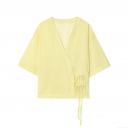Women Striped V-neck Short Sleeve Kimono Style Shirt Jacket Loose Tie-up Waist Blouse With Bow Detail Light Yellow Polyester Summer Autumn Streetwear Top