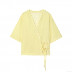 Women Striped V-neck Short Sleeve Kimono Style Shirt Jacket Loose Tie-up Waist Blouse With Bow Detail Light Yellow Polyester Summer Autumn Streetwear Top