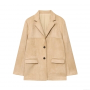 Women's Faux Suede Blazer Jacket Notched Lapel Long Sleeve Single Breasted Casual Outerwear With Pockets Western Street Style Khaki Coat For Women