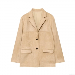 Women's Faux Suede Blazer Jacket Notched Lapel Long Sleeve Single Breasted Casual Outerwear With Pockets Western Street Style Khaki Coat For Women